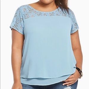 Slate blue chiffon blouse with lace inset